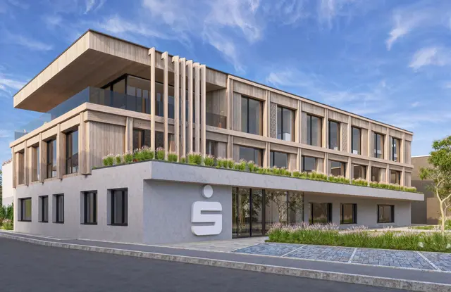 Das Hauptgebäude der Sparkasse Voitsberg-Köflach wird umgebaut und soll in der Endausbaustufe so aussehen. | Foto: Sparkasse Voitsberg-Köflach