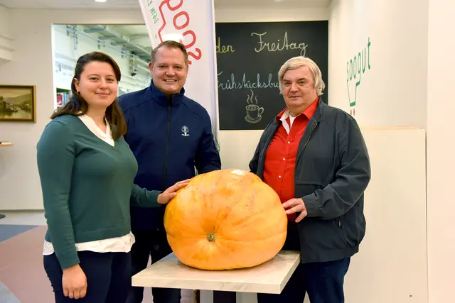 Ein ordentliches Kaliber: Rebekka Gäßler, und SPÖ-Bürgermeister Christian Samwald und Lorenz Gloggnitzer mit dem Riesenkürbis. | Foto: Stadtgemeinde Ternitz