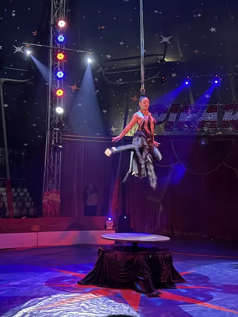 Haarsträubend! Nur an ihrem Zopf hängend, wirbelte Julie durch die Manege.  | Foto: Wolfgang Ilkerl