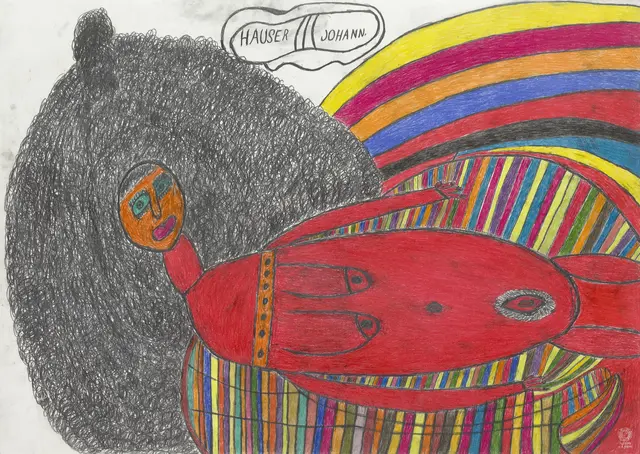 Johann Hauser, Liegende Frau
Landessammlungen NÖ - Sammlung Zambo, Deutschland, (c) Arnulf Rainer, 

Johann Hauser wird am 1926 in Bratislava geboren und zieht während des Zweiten Weltkrieges mit
seiner Familie nach Österreich. Mit 16 Jahren kommt er in die Landes-Heil- und Pflegeanstalt
Mauer-Öhling und wird 1949 in die Heil- und Pflegeanstalt Gugging überstellt. 1981 zieht er in das
Haus der Künstler und lebt dort bis zu einem Tod im Jahr 1996.
Das künstlerische Werk Johann Hausers bildet insofern eine Besonderheit, als sich bei diesem
Künstler schon in seinen ersten Zeichnungen sowohl seine Themen als auch seine stilistischen
Eigenheiten abzeichnen, die er in seinen späteren Schaffensperioden nur noch abwandelt bzw.
verfeinert.
5
Die Themen seiner Kunst sind sehr unterschiedlich. Hausers Hauptmotiv ist die Darstellung der
Frau. Dabei handelt es sich meistens um Aktdarstellungen, bei denen er vor allem die sekundären
Geschlechtsmerkmale hervorhebt. Darüber hinaus finden sich auch Kampfflugzeuge, Panzer oder
Rettungsautos, sowie Darstellungen einzelner Motive, wie eines Rechtecks, einer Sonne und eines
Mondes oder eines Herzens und Sterns.
Johann Hauser
Liegende Frau
1994
Graphit, Ölkreide auf Papier
Landessammlungen NÖ – Sammlung Zambo,
Deutschland
© Privatstiftung – Künstler aus Gugging
Johann Hauser zählt heute zu den weltweit berühmtesten Vertreter:innen der Art Brut. Er ist der
Gugginer Künstler, mit dem sich Arnulf Rainer am umfassendsten auseinandersetzte. In direkter
Anlehnung an Hausers klar konturierte Figuren entstehen Zeichnungen auf Ultraphan, etwa Der
Fliegenesser oder Michaelangelo Blumen essend von 1966. Basierend auf den Zeichnungen auf
Ultraphan fertigt Rainer Offsetlithografien an, die er zum Teil wieder überarbeitet. Die Übermalung
des Fliegenessers zählt zu den Highlights der Ausstellung.

 | Foto: Landessammlungen NÖ/Arnulf Rainer