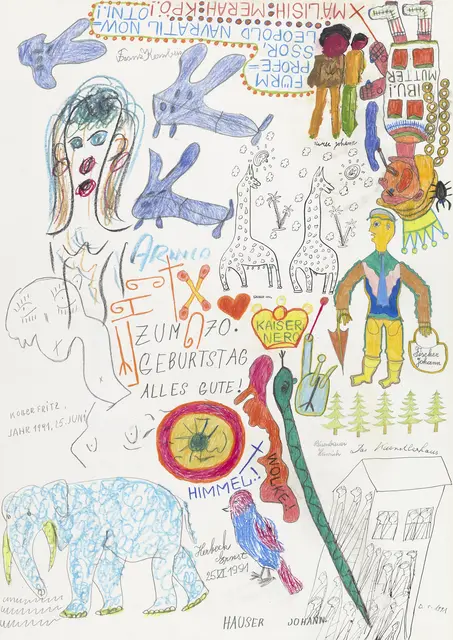 Gemeinschaftsarbeit der Künstler von Gugging
Landessammlungen NÖ - Sammlung Zambo, Deutschland, (c) Privatstiftung-Künstler aus Gugging, 
 | Foto: Landessammlungen NÖ 