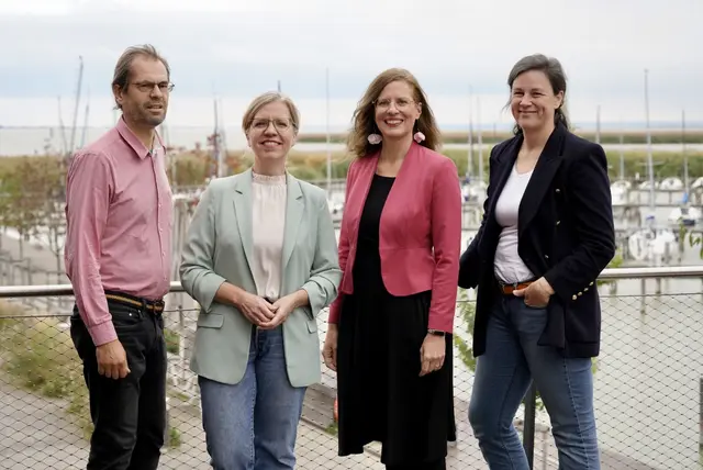 Grünen-Klubobmann Wolfgang Spitzmüller, Bundessprecherin Leonore Gewessler, Landessprecherin und Landeshauptmann-Stellvertreterin Anja Haider-Wallner und Landesgeschäftsführerin Anna Schumann | Foto: Fabian Müntz