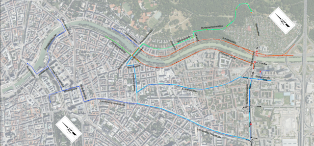 Visualisierung der Verkehrsumleitungen während der Arbeiten auf der Stadionbrücke.  | Foto: Wiener Linien