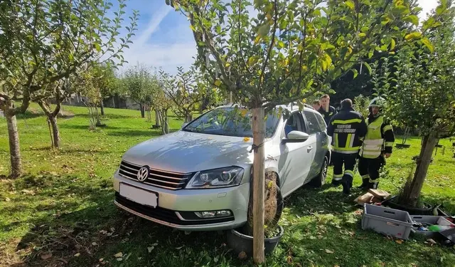 Ein Auto war in Unterweitersdorf aus bisher unbekannter Ursache in einen Garten gerollt. Es wurde zunächst durch eine Laterne gebremst und kam schließlich zwischen mehreren Obstbäumen zum Stehen.  | Foto: FF Unterweitersdorf