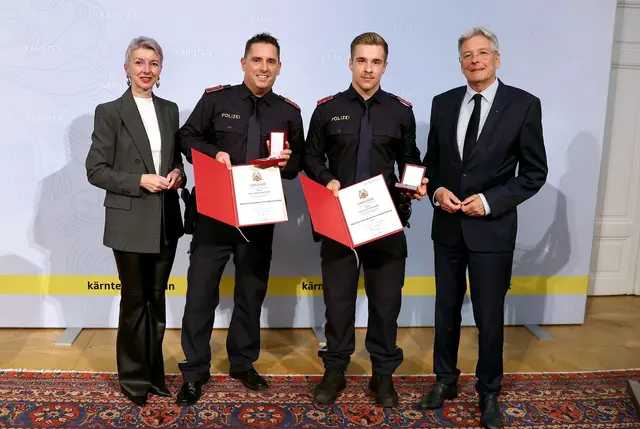 v.l.n.r.: Gaby Schaunig, Maximilian Grießer, Pascal Kaltenegger, Peter Kaiser | Foto: LPD Kärnten/Kuess