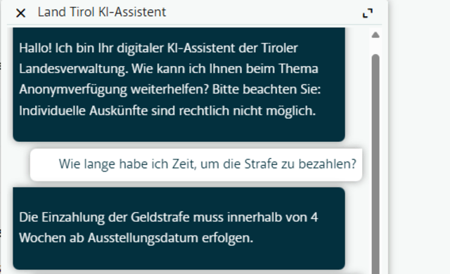 Anwendungsbeispiel Chatbot Anonymverfügungen. | Foto: Land Tirol/Screenshot
