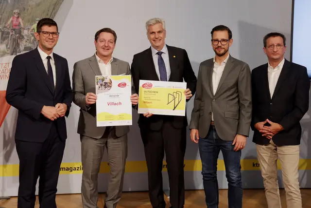 vli.: LH-Stv. Martin Gruber, Bgm. Günther Albel und Magistratsdirektor Georg Wuzella (Villach), LR Sebastian Schuschnig und Volker Bidmon
 | Foto: LPD Kärnten/Wajand