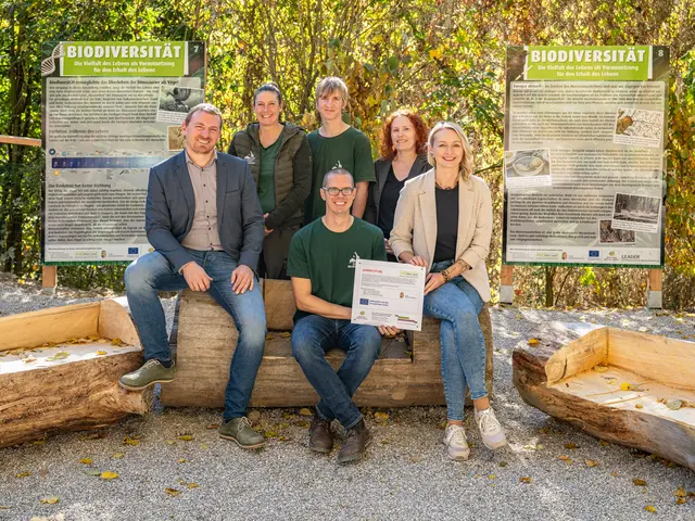 V.l.n.r.: 1.Reihe vorne: Johann Knoll (Obmann LEADER Region Wels-Land), Stefan Hirtenlehner (Projektleiter Zoo Schmiding), Christina Gnadlinger (Geschäftsführerin LEADER Region Wels-Land) 2. Reihe hinten: Julia Mitterbauer und Florian Schläffer (Zoo Schmiding), Sabine Lalik (LEADER Region Wels-Land).
 | Foto: Peter Echt