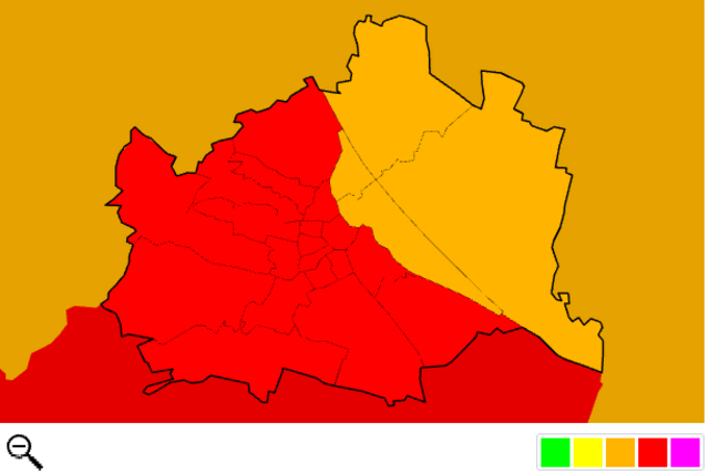 Für Wien wurde eine markante Warnlage von der Unwetterzentrale ausgerufen. Auch am Freitag ist diese noch aufrecht. | Foto: Screenshot UWZ
