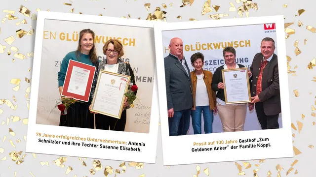 Zwei Familienbetriebe aus dem Bezirk St. Veit zeigen stellvertretend, was gelebtes Unternehmertum über Generationen hinweg bedeutet. 75 Jahre erfolgreiches Unternehmertum: Antonia Schnitzler und ihre Tochter Susanne Elisabeth. Prosit auf 130 Jahre Gasthof „Zum Goldenen Anker“ der Familie Köppl mit Hartwig, Margret, Marlies und Mario Köppl (v.l.n.r.) | Foto: WKK/Irrasch/Linzer