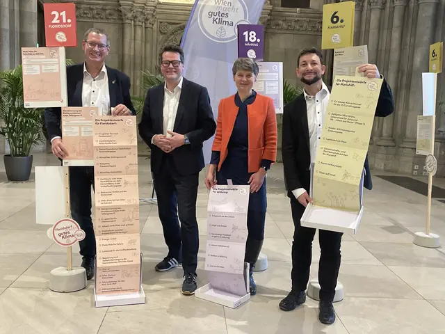 v. l.: Floridsdorf-Bezirksvorsteher Georg Papai, Klimastadtrat Jürgen Czernohorszky (beide SPÖ) Währing-Bezirksvorsteherin Silvia Nossek (Grüne) und Bezirksvorsteher Markus Rumelhart (Mariahilf) freuten sich 2023 über das Klimateam.  | Foto: Salme Taha Ali Mohamed