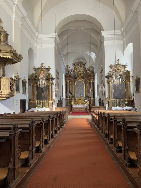 Am Ende des roten Teppichs, vor den Stiegen, ist unter massiven Marmorplatten eine Gruft versteckt. | Foto: Lauren Fahrenberger / MeinBezirk