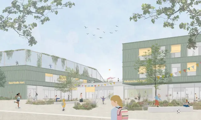 Die neue Volksschule von Hart bei Graz: Das siegreiche Projekt gelangt bis 2028 in die Verwirklichung.  | Foto: POS Architekten ZT GmbH