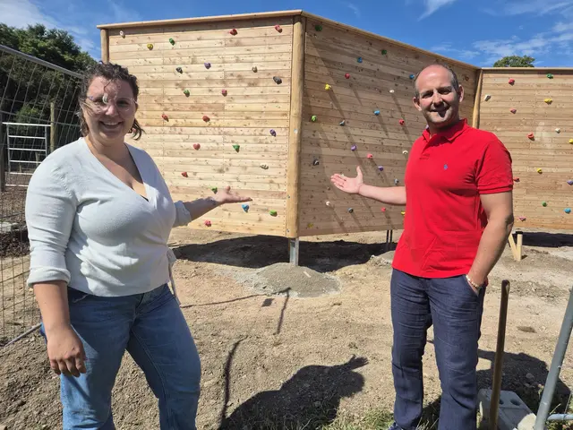Bezirksrätin Helena Schlobach und stellvertretender Bezirksvorsteher Marcel Höckner (beide SPÖ) freuen sich über die neue Boulderwand am Roten Berg. | Foto: SPÖ Hietzing