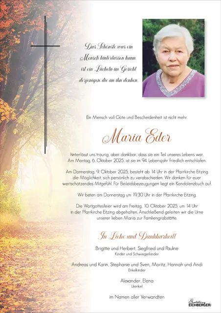 Maria Eder, Eitzing, verstorben am 6. oktober, im 94. Lebensjahr.