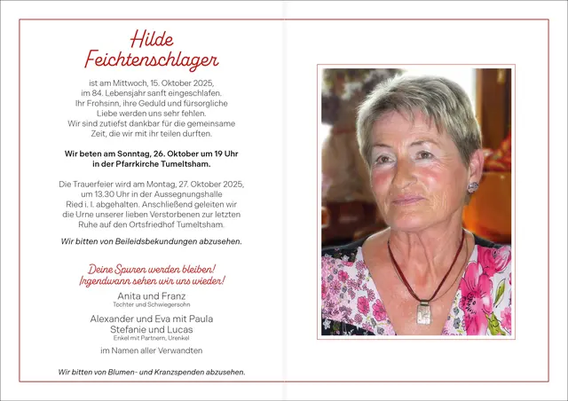 Hilde Feichtenschlager, Tumeltsham, verstorben am 15. Oktober, im 84. Lebensjahr. | Foto: Kasper