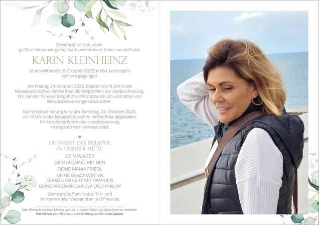 Karin Kleinheinz, Neuhofen, verstorben am 8. Oktober, im 64. Lebensjahr.