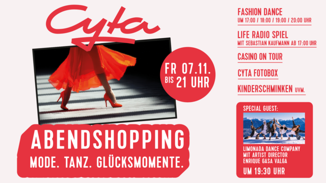 „Mode. Tanz. Glücksmomente.“ – Die CYTA Shoppingwelt verwandelt sich am 7.11. in eine Bühne voller Stil, Musik und Lebensfreude.