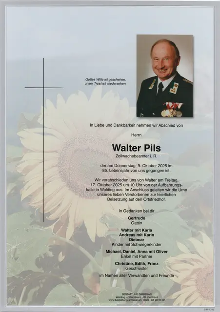 Walter Pils aus Walding, ✝︎ 84 Jahre | Foto: Bestattung Smrekar