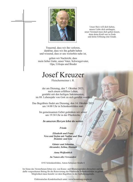 Josef Kreuzer aus Schenkenfelden, ✝︎ 87 Jahre | Foto: Bestattung Ziegler