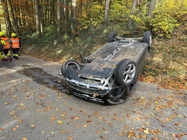 Das verunfallte Fahrzeug nach dem Unfall, der Lenker konnte sich glücklicherweise selbst befreien. | Foto: DOKU-NÖ