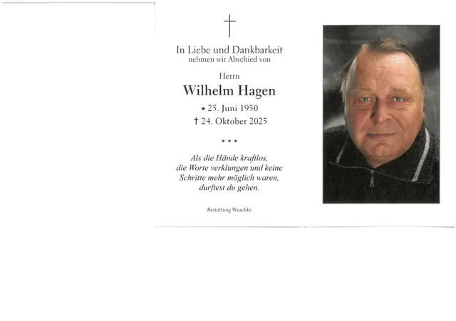Wilhelm Hagen, 75 Jahre  | Foto: zVg/Bestattung Wuschko