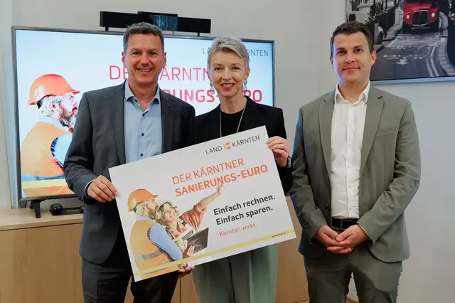 Baukulturreferent LR Daniel Fellner, Wohnbaureferentin LHStv.in Gaby Schaunig und Abteilungsleiter Maximilian Lintner präsentierten heute in Klagenfurt die neue Kärntner Sanierungsförderung. | Foto: Büro LHStv.in Schaunig