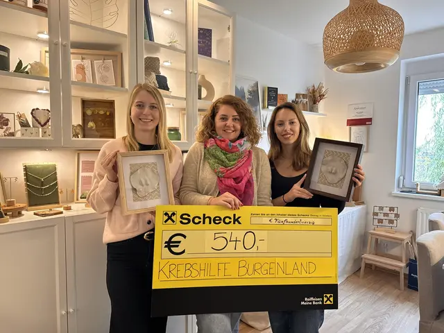 Übergabe der Kunstwerke und des Spendenschecks im „Das Knüpfwerk“-Atelier in Gols an die beiden Meistbietenden Anna Achs und Sophie Limbeck. | Foto: Das Knüpfwerk