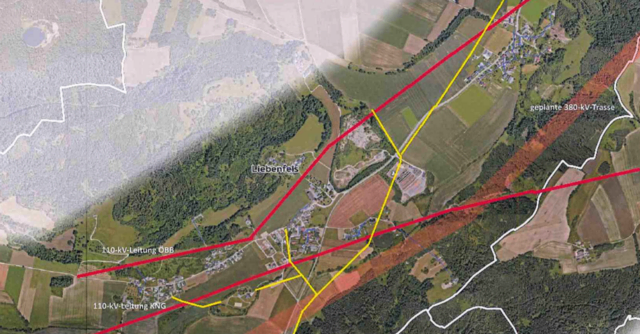 Darstellung bestehender Leitungen (110 kV: rot, 20 kV: gelb) und geplanter 380-KV-Trasse im Bereich Zweikirchen