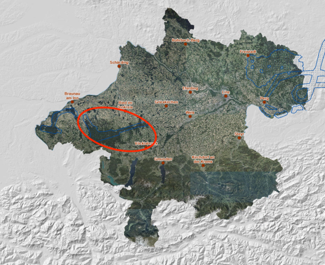 Die Tiefflugzone im Innviertel ist rot eingekreist.  | Foto: Screenshot Doris