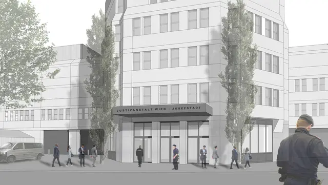 So sieht die Visualisierung des Eingangs der sanierten Justizanstalt Josefstadt aus.  | Foto: YF Architekten/Atelier 23
