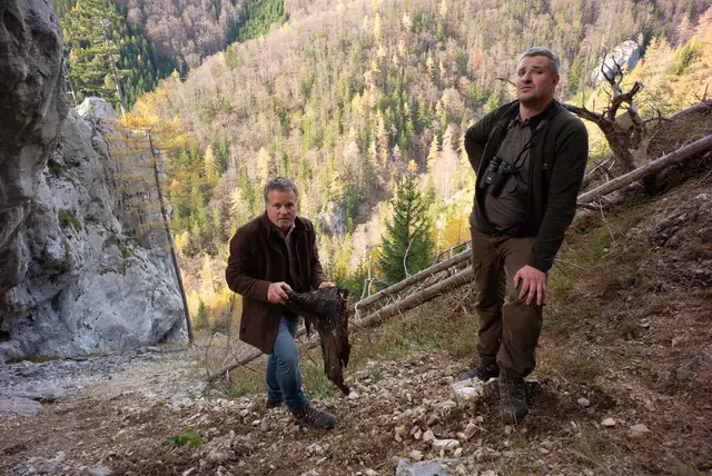 Peter Lepkowicz und Forstaufseher Simon Schiefer zeigen verkohltes Holz – der Rest einer Feuerstelle im Naturschutzgebiet. | Foto: Santrucek