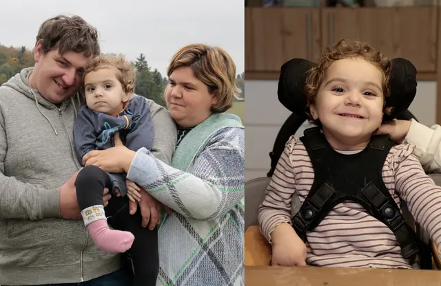 Andreas und Jasmin Mühlböck mit ihrer Tochter Daniela (3), die seit einem Unfall am heimischen Bauernhof mit einem hypoxischen Hirnschaden leben muss.  | Foto: MeinBezirk/K.Schw.