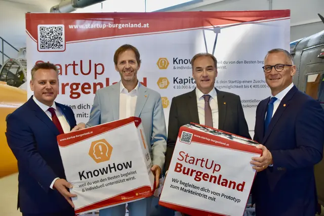Thomas Schober, Direktor HTBLA Eisenstadt, Michael Sedlak, Abteilungsleiter Startup Burgenland, Wirtschaftslandesrat Leonhard Schneemann und Georg Schönbauer, Geschäftsführung der Wirtschaftsagentur Burgenland. | Foto: Stefan Schneider