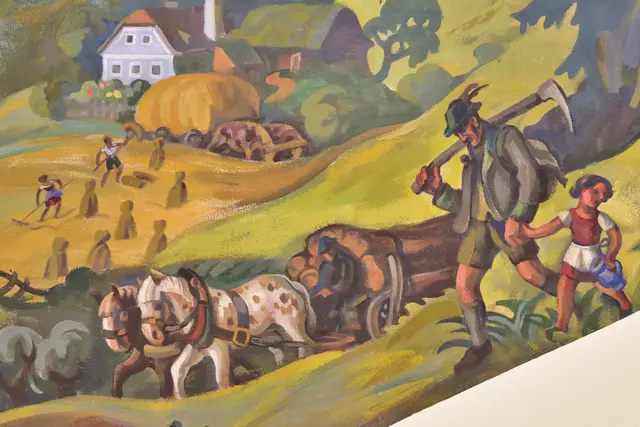 Wandmalerei (Ausschnitt) von Reinhold Klaus mit dem Titel "Ländliches Idyll" in der Volksschule Ybbsitz | Foto: Hans-Peter Kriener