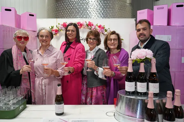 Ingrid Tschank, Christine Riepl, Schirmherrin der 1. Pink-Weintaufe, die burgenländische Landtagspräsidentin Astrid Eisenkopf, Agnes Ottrubay, Andrea Conrad und LAbg. Bgm. Kilian Brandstätter | Foto: Andrea Glatzer