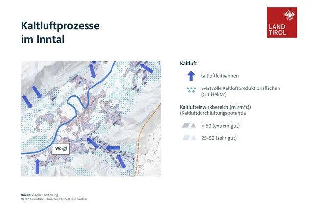 Kaltluftprozesse im Inntal. Die Karte zeigt wo wertvolle Kaltluftproduktionsflächen im Inntal sind, wo übergeordnete Kaltluftleitbahnen verlaufen und wie weit die Kaltluftversorgung in die Gemeinden und Städte hinreicht. | Foto: Land Tirol/Rosinak und Partner