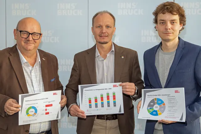 Bürgermeister Johannes Anzengruber und der Vorsitzenden des Ausschusses für Finanzen, Subventionen und Beteiligungen, Dejan Lukovic, präsentierten gemeinsam mit Finanzdirektor Martin Rupprechter den Budget-Voranschlag 2026. | Foto: ©IKM/K.Rudig