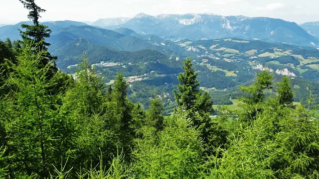Links im Bild sieht man den Pinken- und Semmeringkogel sowie den Kurort Semmering - mittig ist die Semmeringbahnstrecke und der Kreuzberg, im Hintergrund ein Teil der Schneealpe und die Rax in ihrer gesamten Länge zu sehen. ... | Foto: © Silvia Plischek