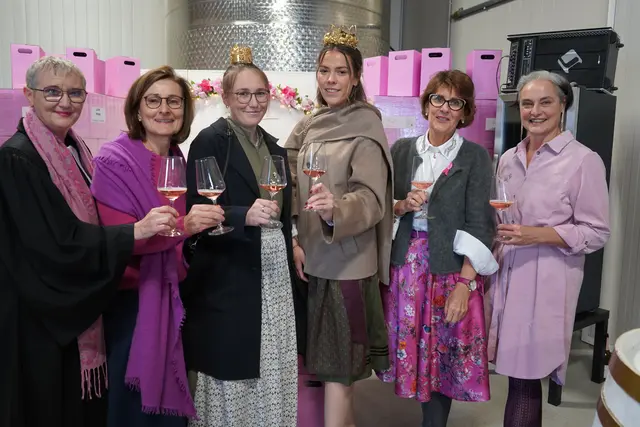 Pfarrerin Ingrid Tschank, Krebshilfe-GF Andrea Conrad, Weinprinzessin Lena I. Glauber und Weinkönigin Maria IV. Liegenfeld, Pink Ribbon-Schirmherrin Agnes Ottrubay und Life Pink-Winzerin Christine Riepl bei der 1. Pink Weintaufe in Gols | Foto: Andrea Glatzer