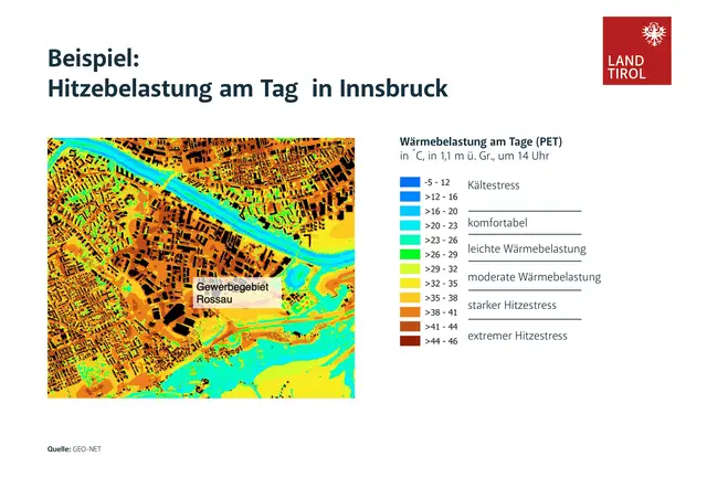 Die Karte Hitzebelastung am Tag beschreibt die thermische Belastung des Menschen als empfundene Temperatur. Besonderes Augenmerk liegt auf den Gebieten mit starkem bis extremen Hitzestress. Aber auch Gebiete mit moderater Wärmebelastung können Auswirkungen auf vulnerable Gruppen wie z. B. ältere Menschen, Kinder haben. | Foto: Land Tirol/Rosinak und Partner