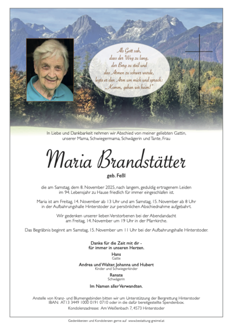 Maria Brandstätter ✝︎ 08.11.2025 | Foto: Bestattung Greimel