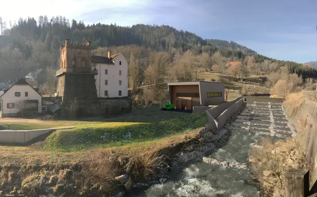 So in etwa soll das neue Kraftwerk samt fischpassierbarer Pendelrampe nach der Fertigstellung aussehen. | Foto: Foto: Kelag