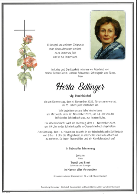 Herta Edlinger ✝︎ 06.11.2025 | Foto: Bestattung Krennmayr
