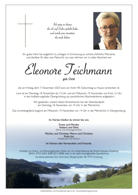 Eleonore Teichmann ✝︎ 07.11.2025 | Foto: Bestattung Greimel
