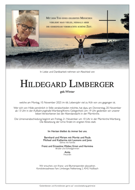 Hildegard Limberger ✝︎ 10.11.2025 | Foto: Bestattung Greimel