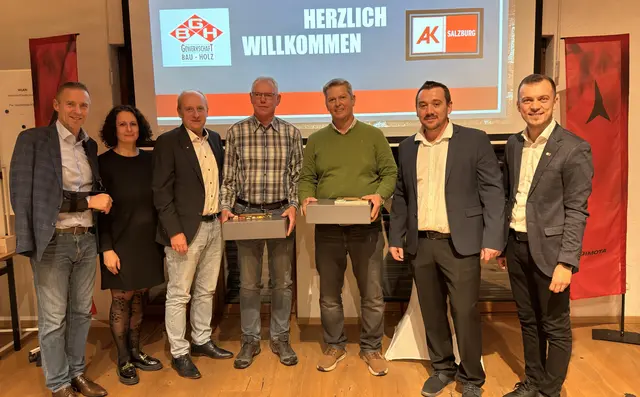 Von links nach rechts: Peter Eder, AK-Präsident und ÖGB-Landesvorsitzender, Susanne Elmer, ÖGB-Regionalsekretärin Pongau-Lungau, Kurt Neckermann, Landesgeschäftsführer Gewerkschaft Bau Holz, Herbert Stadler, Alfred Steinbacher, Daniel Ristic, Betriebsratsvorsitzender der Firma Atomic, Samed Aksu, Bezirksstellenleiter der Arbeiterkammer Pongau. | Foto: Ristic