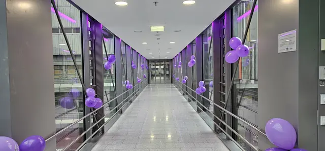 Zum Weltfrühchentag gibt es viel Violett zu sehen, die symbolische Farbe für Frühgeborene. Wie hier die Magistrale am Klinikareal in Violett. | Foto: tirol kliniken