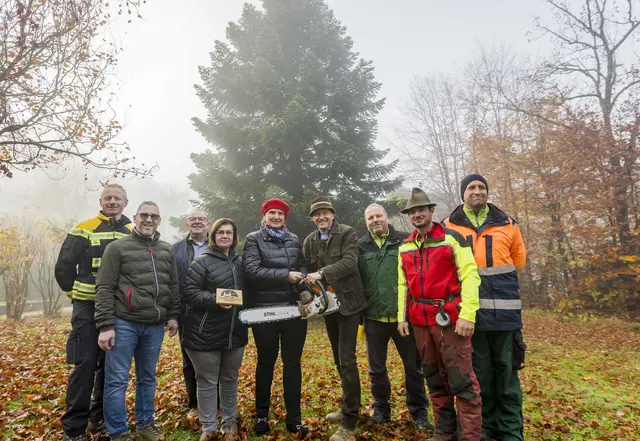 Im Bild von links: Rupert Wintersteller (Berufsfeuerwehr), die Baumspenderfamilie Michael, Manfred und Evelyne Bauer, Bürgermeisterin Barbara Schweitl, Wolfgang Haider (Obmann Verein Salzburger Christkindlmarkt) und die Mitarbeiter des Salzburger Gartenamts Christian Roider, Martin Grundbichler und Josef Wanka. | Foto: christkindlmarkt.co.at