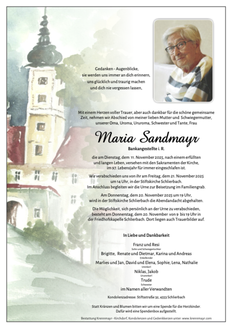 Maria Sandmayr ✝︎ 11.11.2025 | Foto: Bestattung Krennmayr